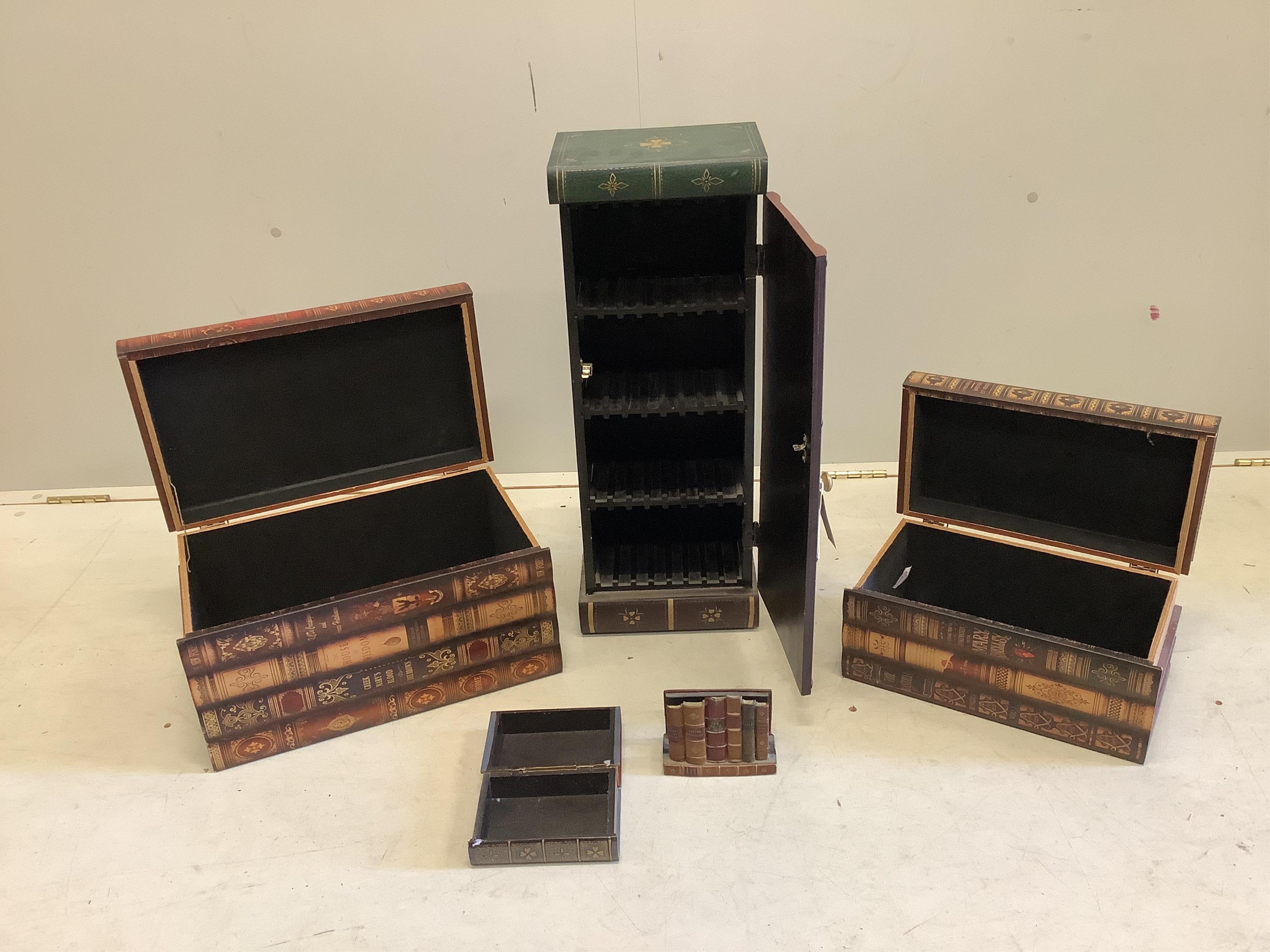 Two “book-stack” storage boxes, a ditto cabinet and a red leather brass studded circular stool, diameter 39cm, height 49cm